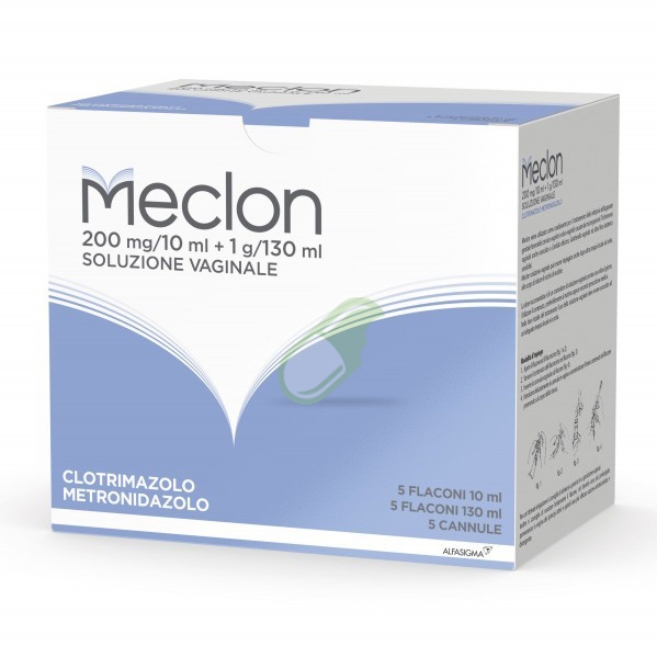Meclon 200 Mg/10 Ml + 1 G/130 Ml Soluzione Vaginale 5 Flaconi 10 Ml + 5 Flaconi 130 Ml + 5 Cannule